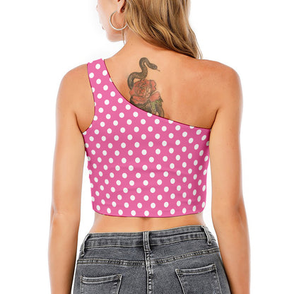 Pink And White Polka Dot Pattern Print One Shoulder Crop Top