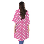 Pink And White Polka Dot Pattern Print Open Front Beach Cover Up