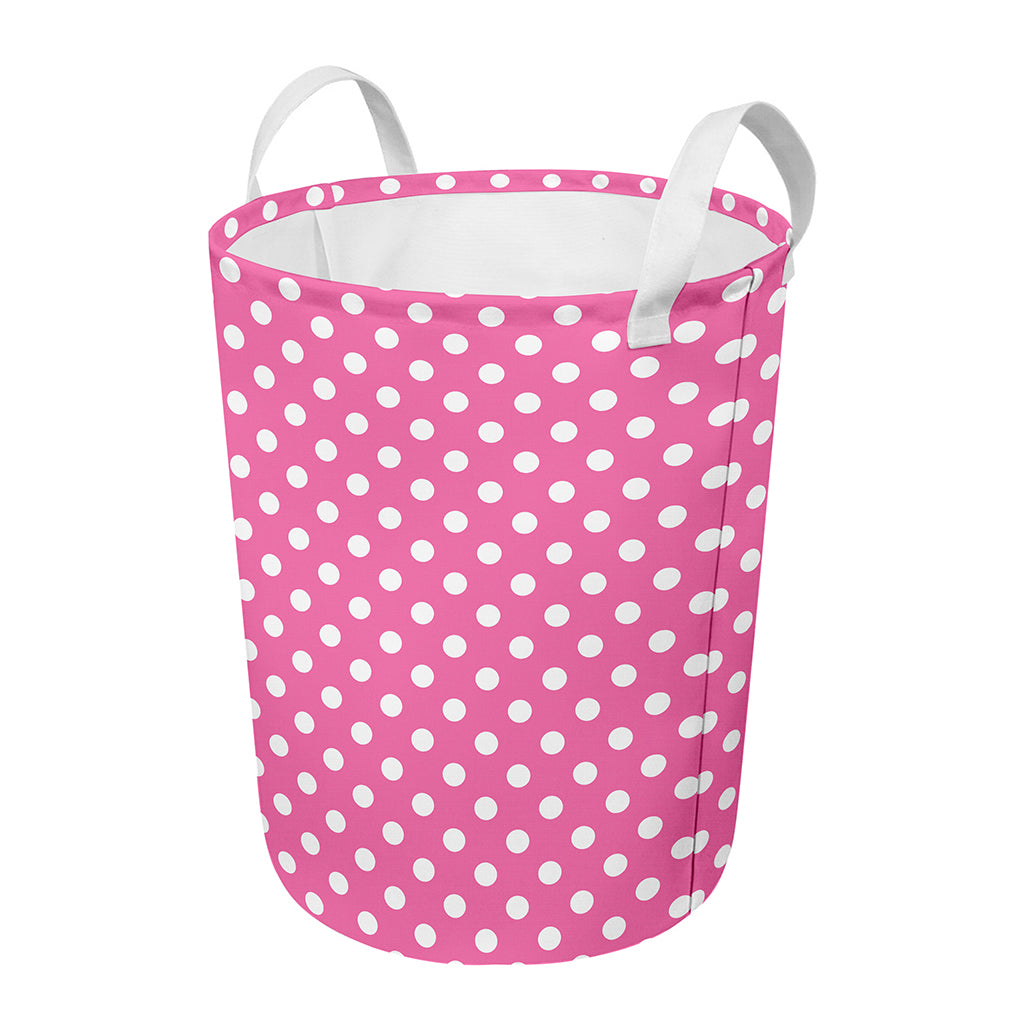 Pink And White Polka Dot Pattern Print Round Laundry Basket