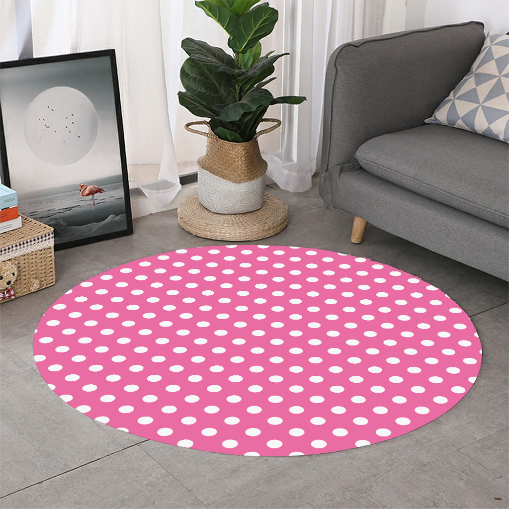 Pink And White Polka Dot Pattern Print Round Rug