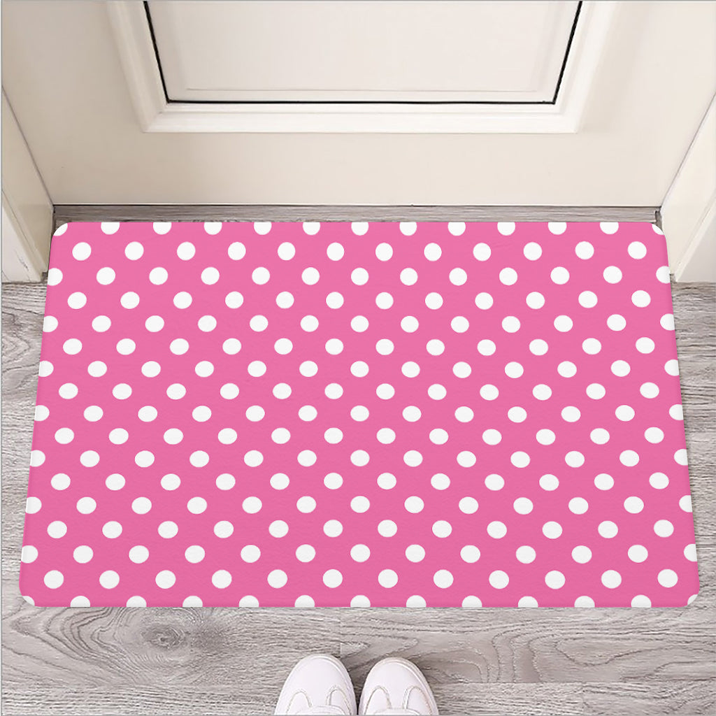 Pink And White Polka Dot Pattern Print Rubber Doormat