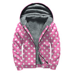 Pink And White Polka Dot Pattern Print Sherpa Lined Zip Up Hoodie