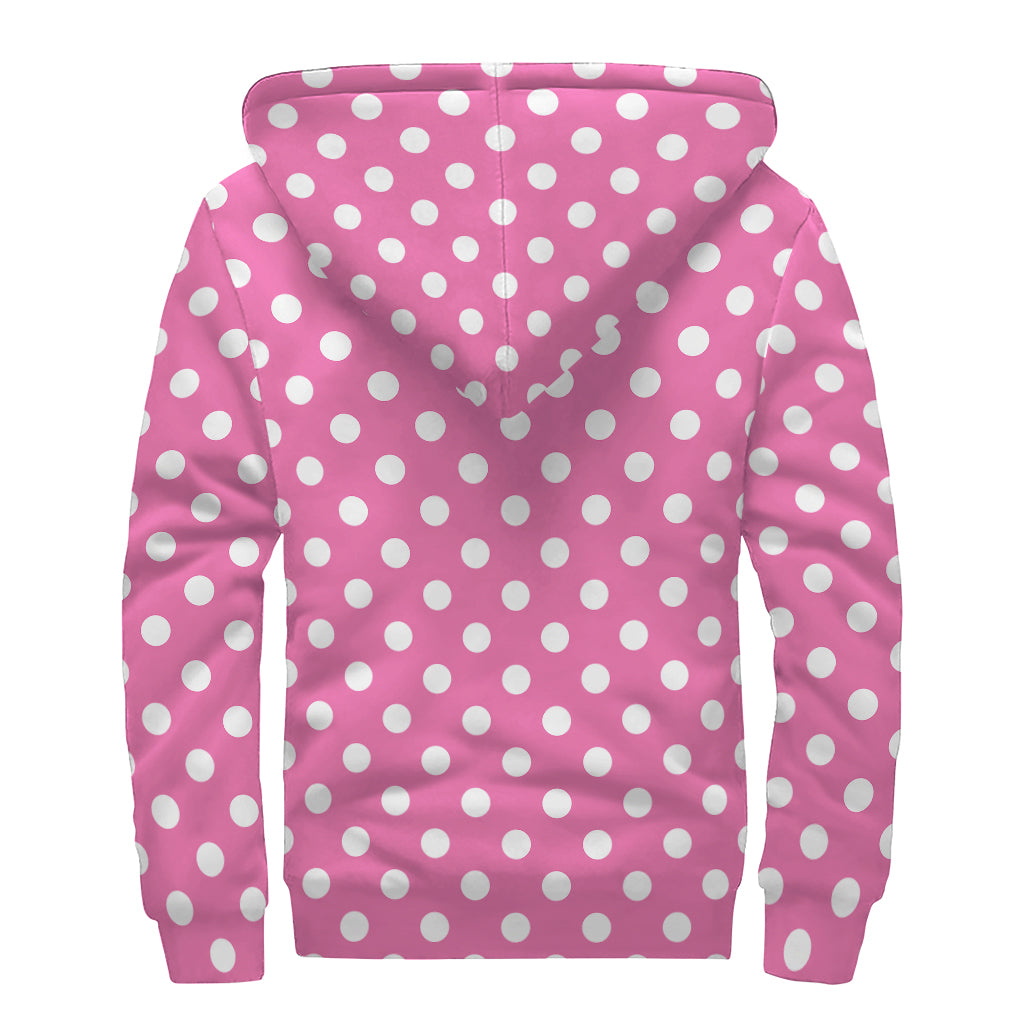 Pink And White Polka Dot Pattern Print Sherpa Lined Zip Up Hoodie