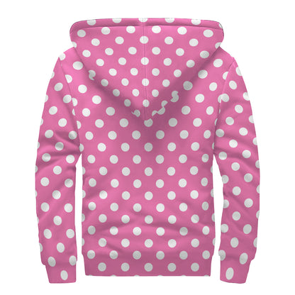 Pink And White Polka Dot Pattern Print Sherpa Lined Zip Up Hoodie