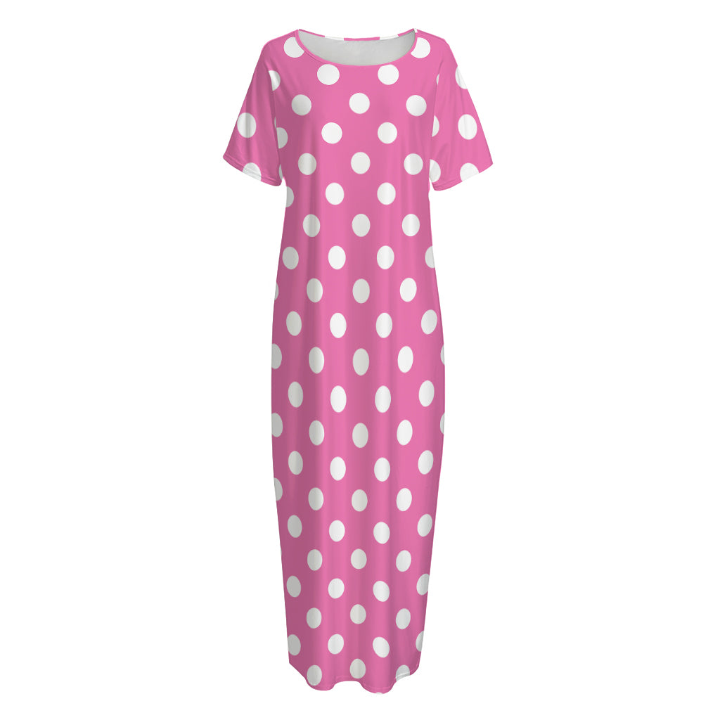 Pink And White Polka Dot Pattern Print Short Sleeve Long Nightdress
