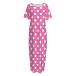Pink And White Polka Dot Pattern Print Short Sleeve Long Nightdress