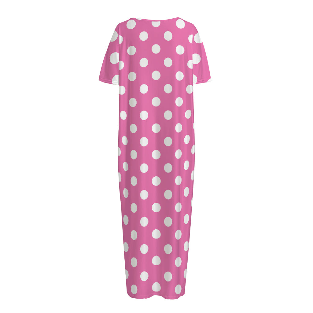 Pink And White Polka Dot Pattern Print Short Sleeve Long Nightdress