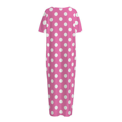 Pink And White Polka Dot Pattern Print Short Sleeve Long Nightdress