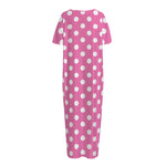 Pink And White Polka Dot Pattern Print Short Sleeve Long Nightdress