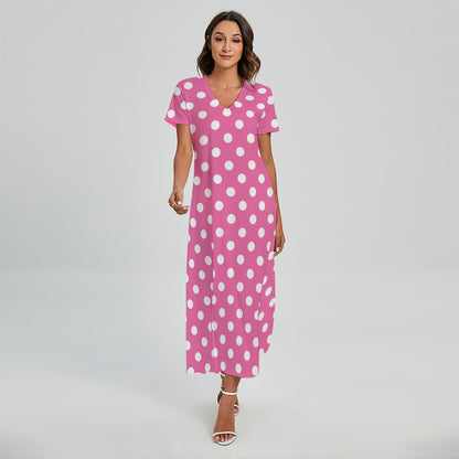 Pink And White Polka Dot Pattern Print Short Sleeve Maxi Dress
