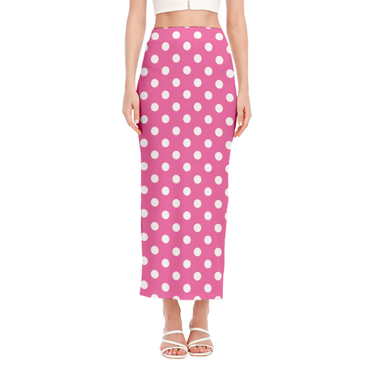 Pink And White Polka Dot Pattern Print Side Slit Maxi Skirt