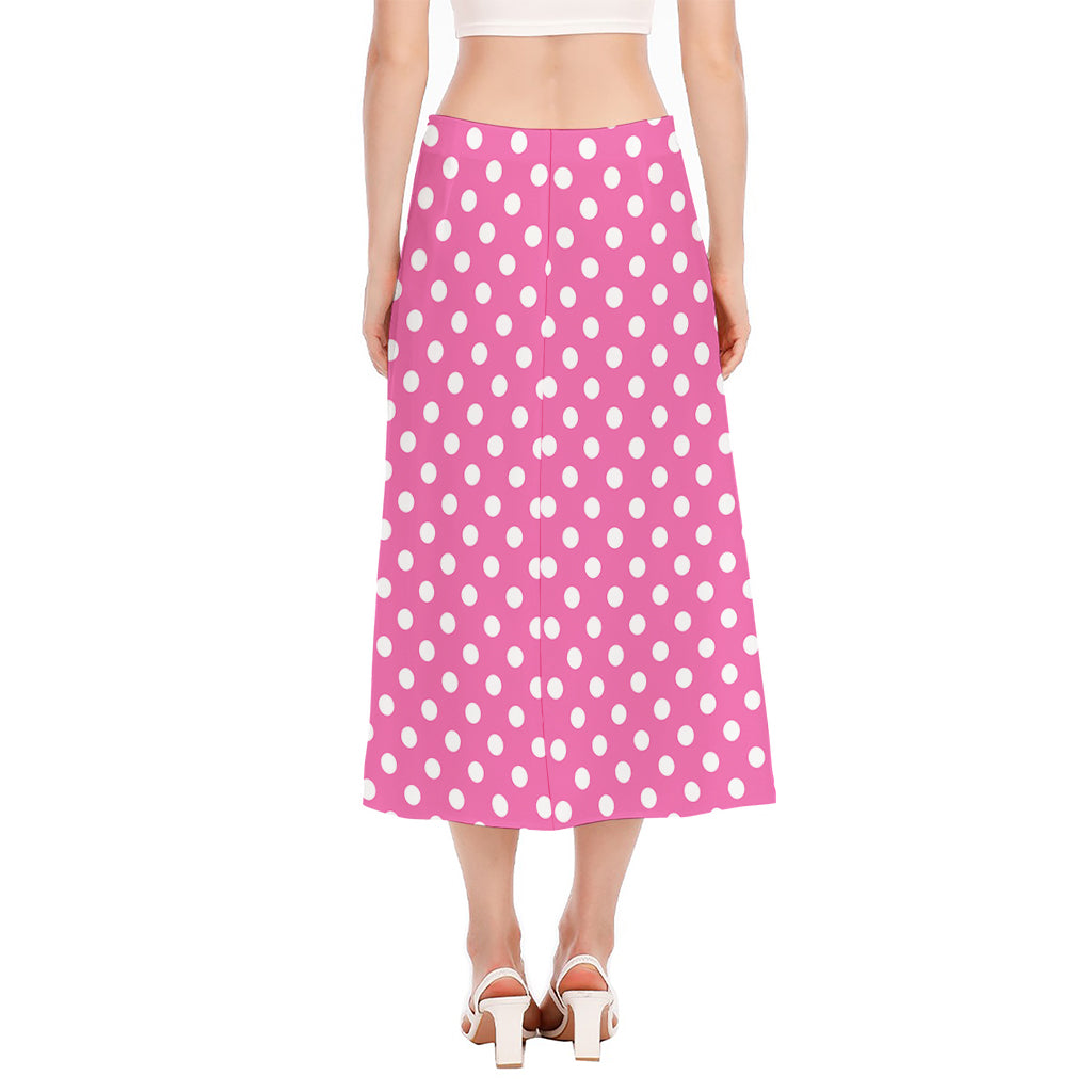 Pink And White Polka Dot Pattern Print Side Slit Midi Skirt