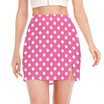 Pink And White Polka Dot Pattern Print Side Slit Mini Skirt