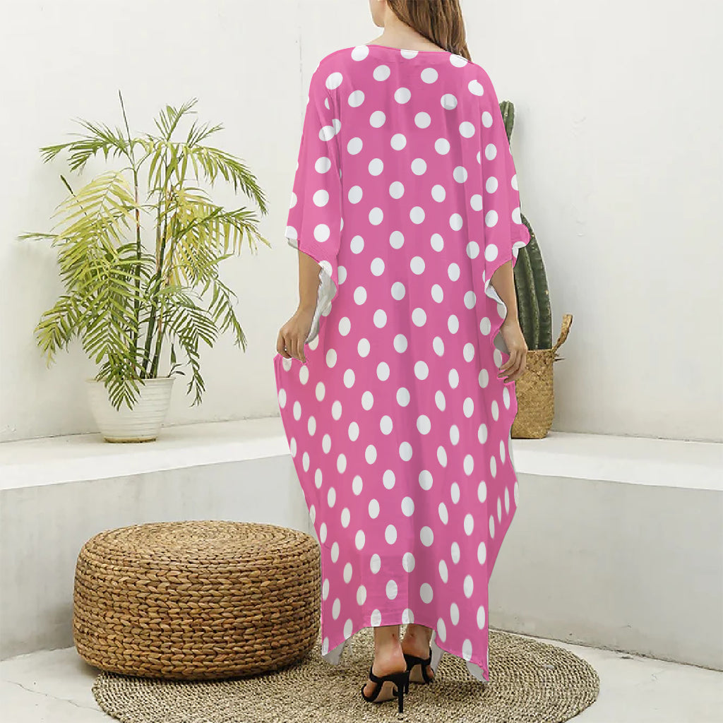 Pink And White Polka Dot Pattern Print Silk V-Neck Kaftan Dress