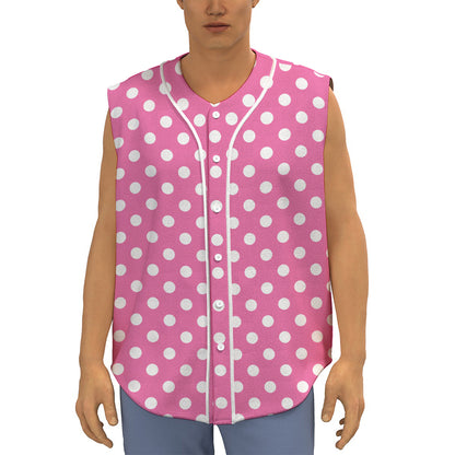 Pink And White Polka Dot Pattern Print Sleeveless Baseball Jersey