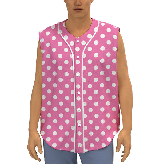 Pink And White Polka Dot Pattern Print Sleeveless Baseball Jersey