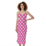 Pink And White Polka Dot Pattern Print Slim Fit Midi Cami Dress
