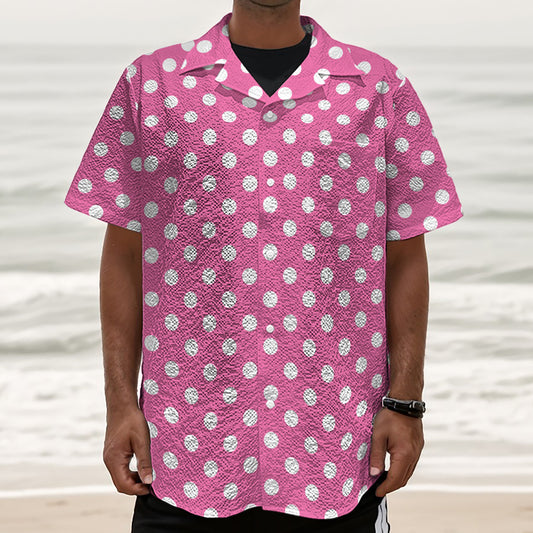 Pink And White Polka Dot Pattern Print Textured Short Sleeve Shirt