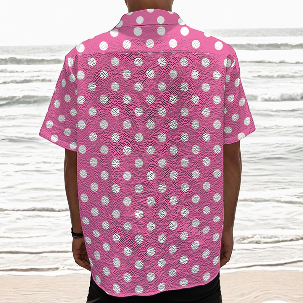 Pink And White Polka Dot Pattern Print Textured Short Sleeve Shirt