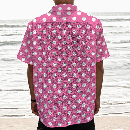 Pink And White Polka Dot Pattern Print Textured Short Sleeve Shirt