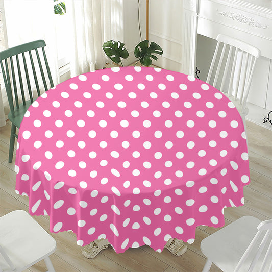 Pink And White Polka Dot Pattern Print Waterproof Round Tablecloth