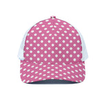 Pink And White Polka Dot Pattern Print White Mesh Trucker Cap