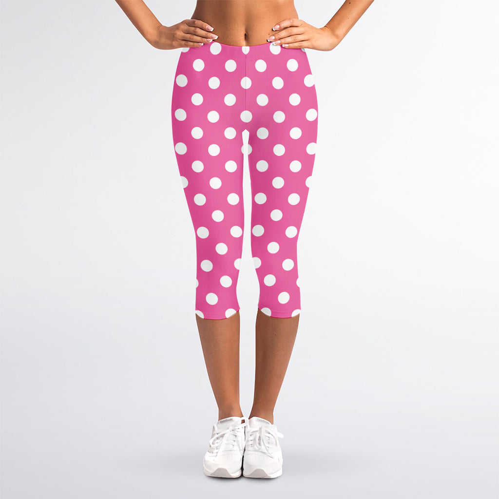 Pink And White Polka Dot Pattern Print Women's Capri Leggings