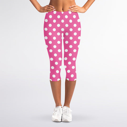 Pink And White Polka Dot Pattern Print Women's Capri Leggings