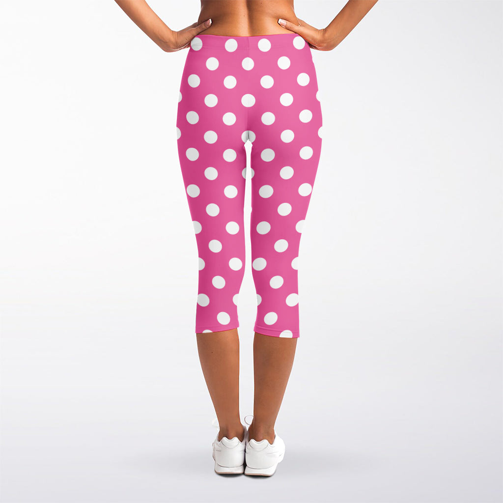 Pink And White Polka Dot Pattern Print Women's Capri Leggings