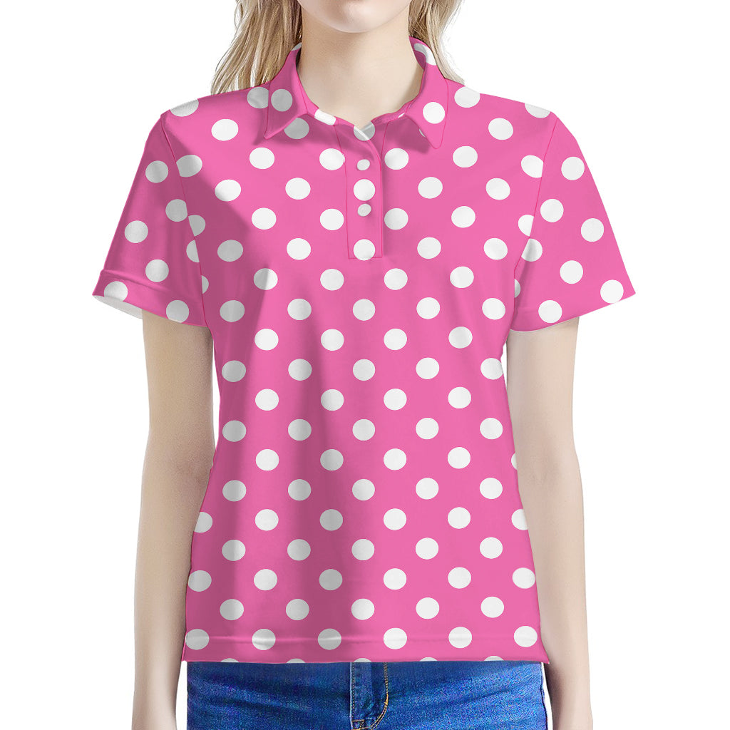 Pink And White Polka Dot Pattern Print Women's Polo Shirt