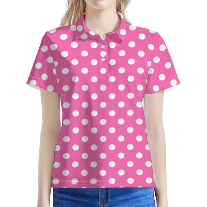 Pink And White Polka Dot Pattern Print Women's Polo Shirt