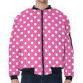 Pink And White Polka Dot Pattern Print Zip Sleeve Bomber Jacket