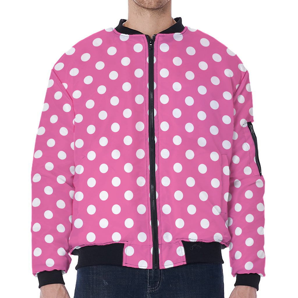 Pink And White Polka Dot Pattern Print Zip Sleeve Bomber Jacket