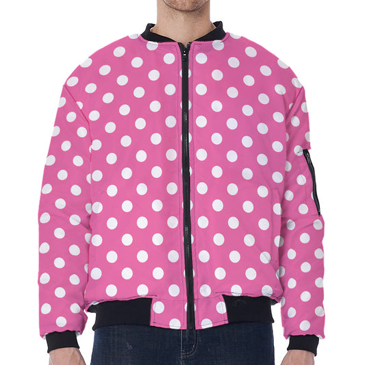Pink And White Polka Dot Pattern Print Zip Sleeve Bomber Jacket