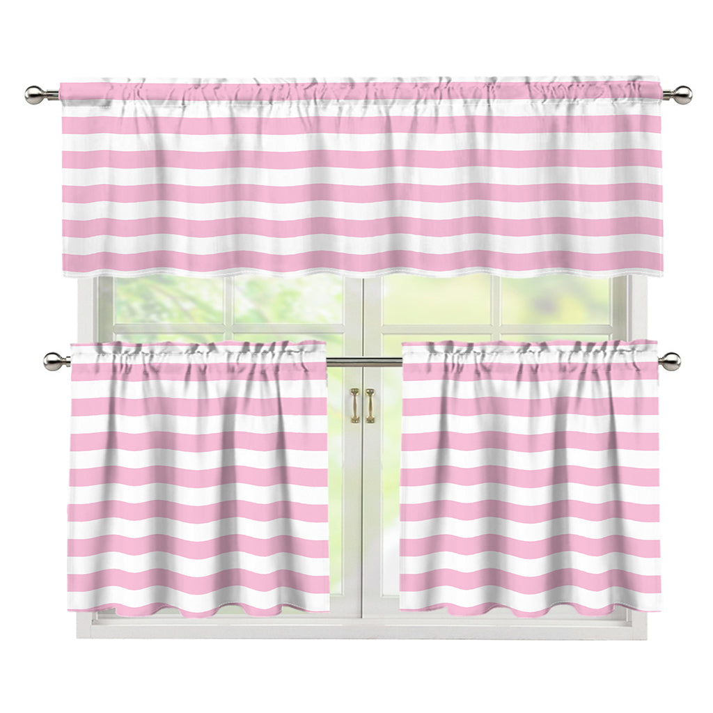 Pink And White Striped Pattern Print 3 Piece Kitchen Curtains