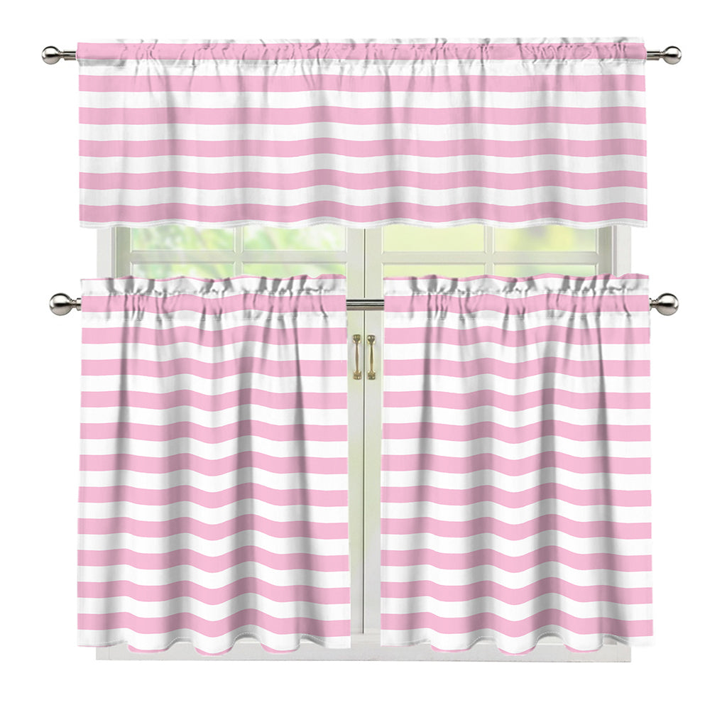 Pink And White Striped Pattern Print 3 Piece Kitchen Curtains
