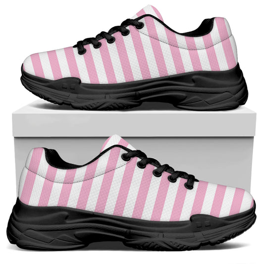Pink And White Striped Pattern Print Black Chunky Shoes