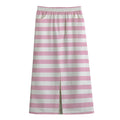 Pink And White Striped Pattern Print Cotton Front Slit Maxi Skirt