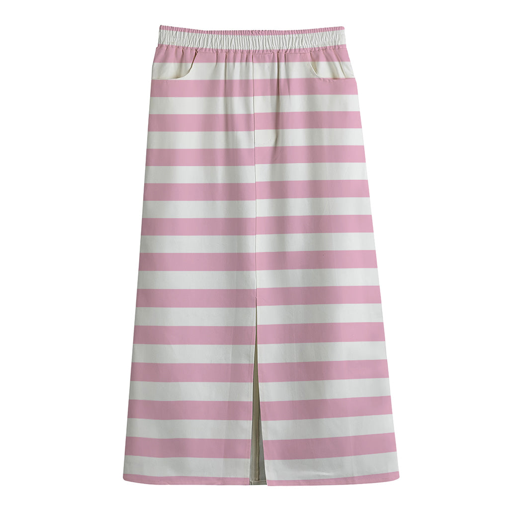 Pink And White Striped Pattern Print Cotton Front Slit Maxi Skirt