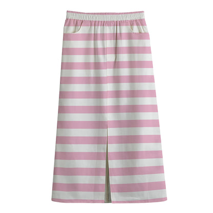 Pink And White Striped Pattern Print Cotton Front Slit Maxi Skirt