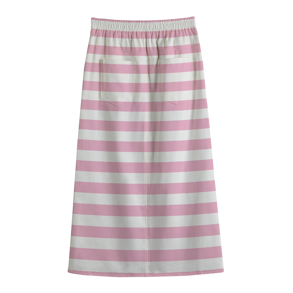 Pink And White Striped Pattern Print Cotton Front Slit Maxi Skirt