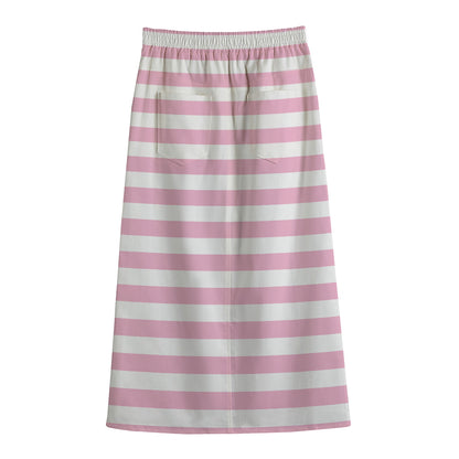 Pink And White Striped Pattern Print Cotton Front Slit Maxi Skirt
