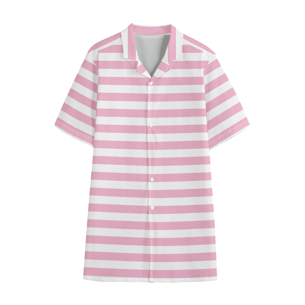 Pink And White Striped Pattern Print Cotton Hawaiian Shirt
