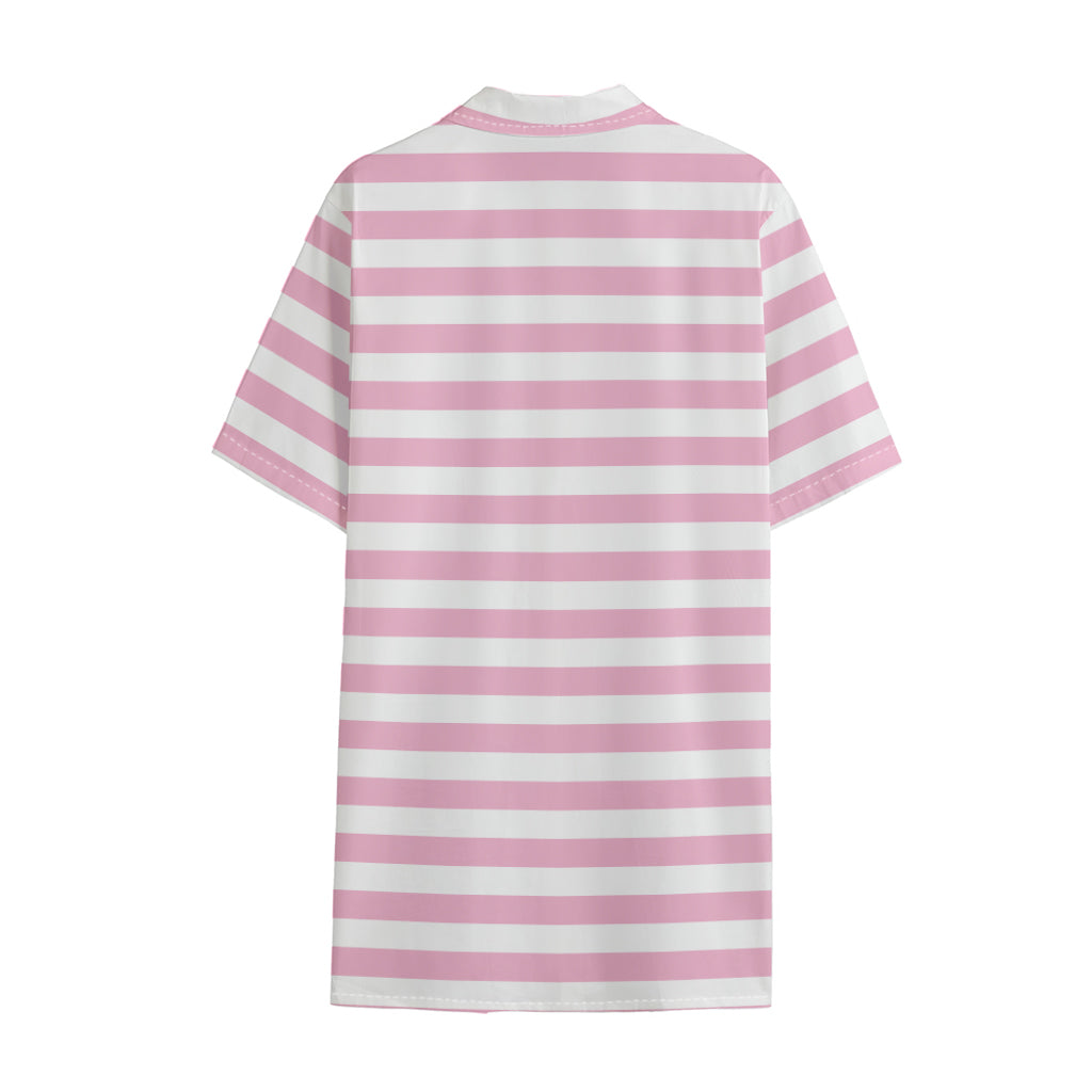 Pink And White Striped Pattern Print Cotton Hawaiian Shirt