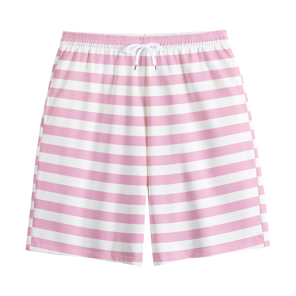 Pink And White Striped Pattern Print Cotton Shorts