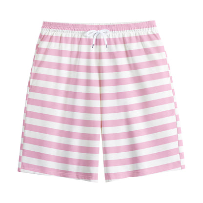 Pink And White Striped Pattern Print Cotton Shorts