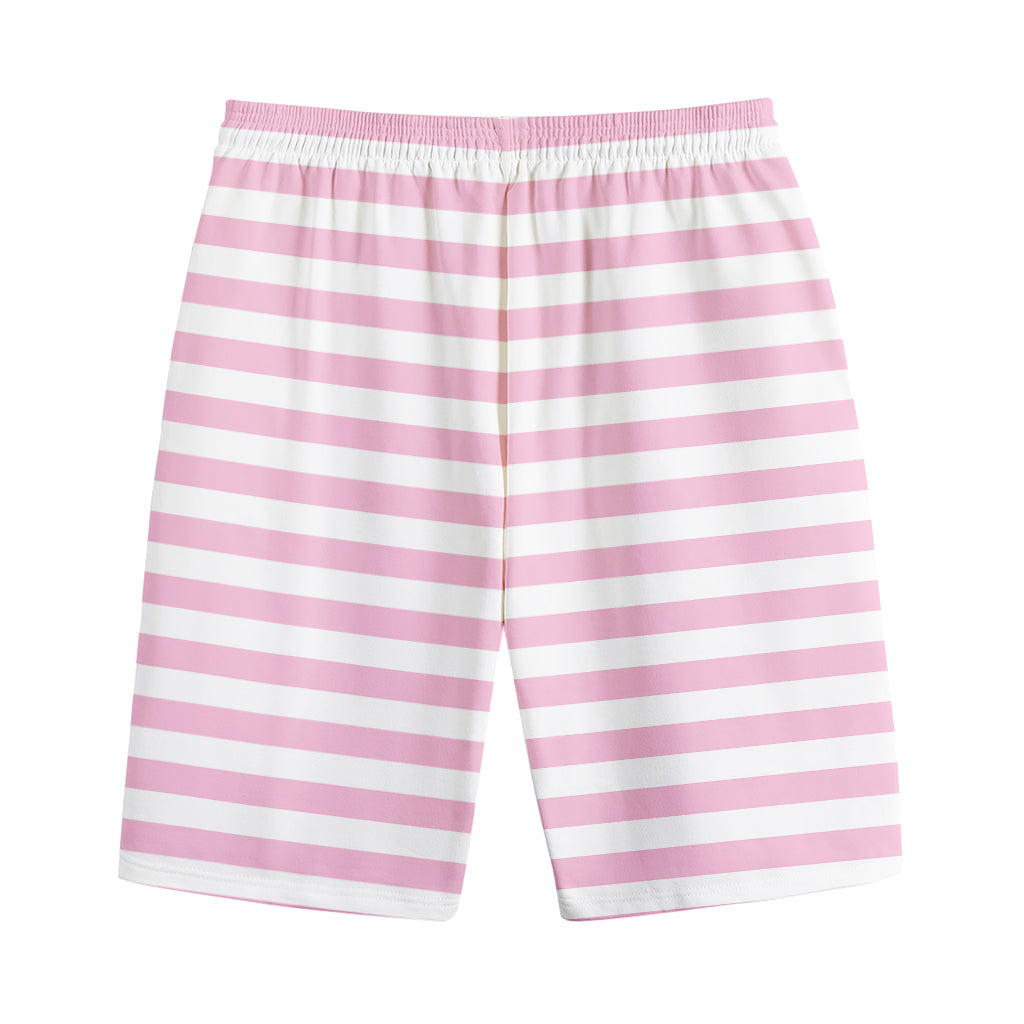 Pink And White Striped Pattern Print Cotton Shorts