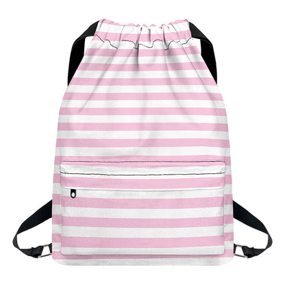 Pink And White Striped Pattern Print Drawstring Backpack