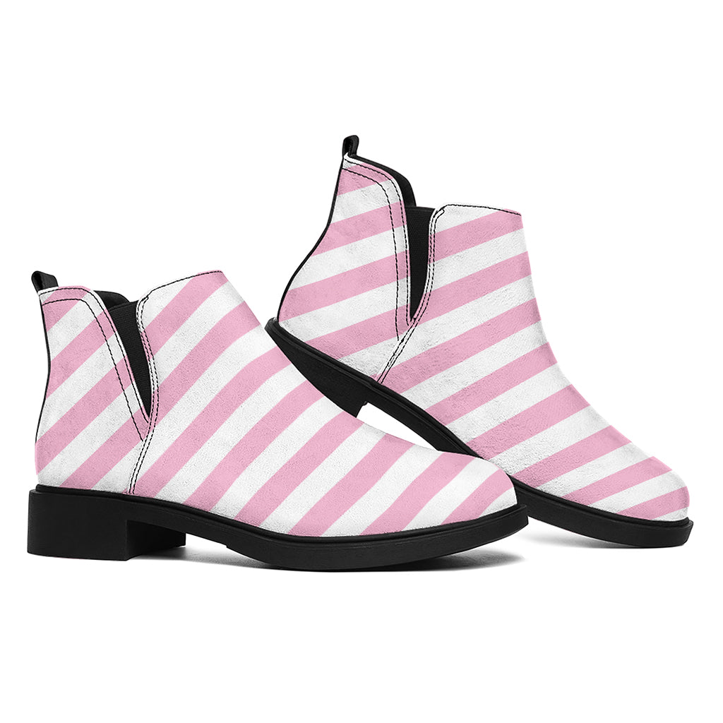 Pink And White Striped Pattern Print Flat Ankle Boots