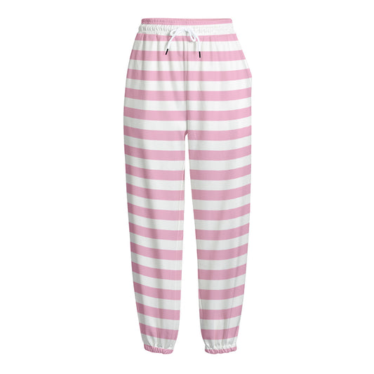 Pink And White Striped Pattern Print Fleece Lined Knit Pants